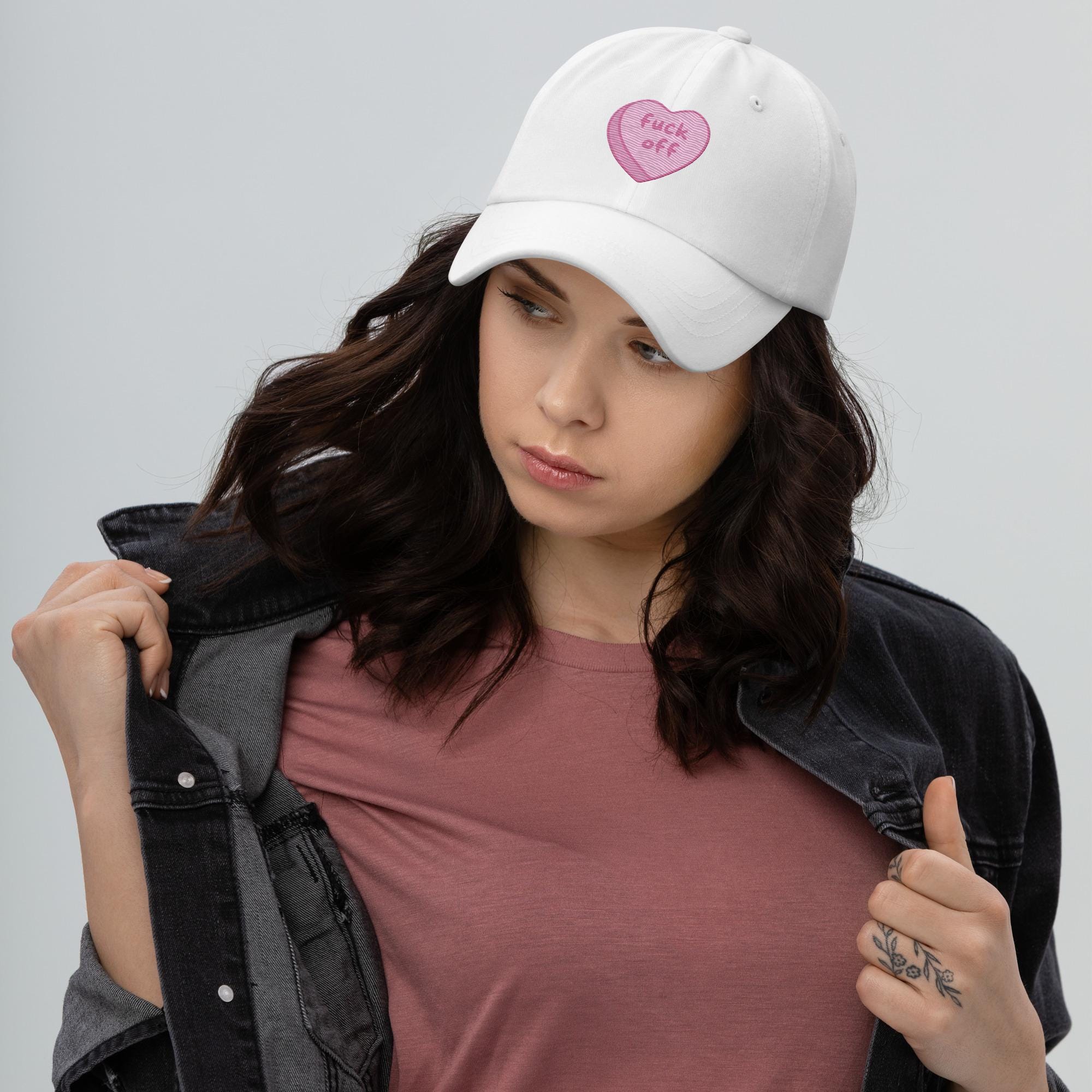 F*ck Off Candy Heart Hat | Embroidered Y2K Cap | Pastel Alt Aesthetic | Sarcastic Valentine Hat | Soft Girl Rude Cap | Anti-Social Cute Gift